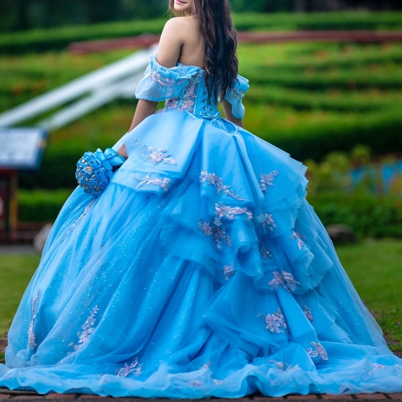 Sky Blue Shiny Quinceanera Dress Off The Shoulder Lace Applique Sequins Beading Tull Mexican Sweet 16 Vestidos De XV 15 Anos