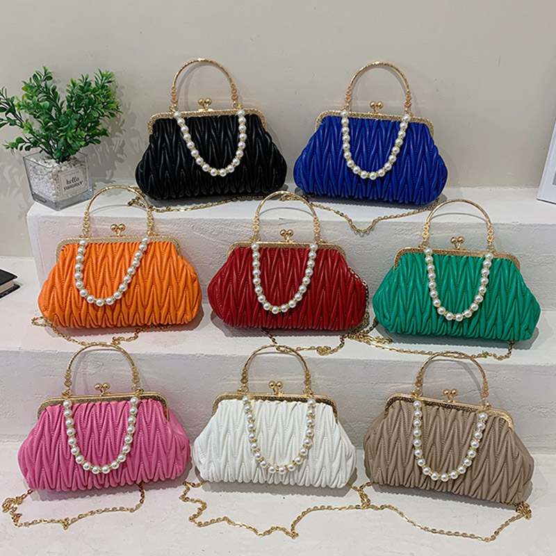 Fashion Women Orange Green Shoulder Bags Prom Clutch Pearl Chain Crossbody Bags Female Chic Totes Pu Leather Handbags And Purse
