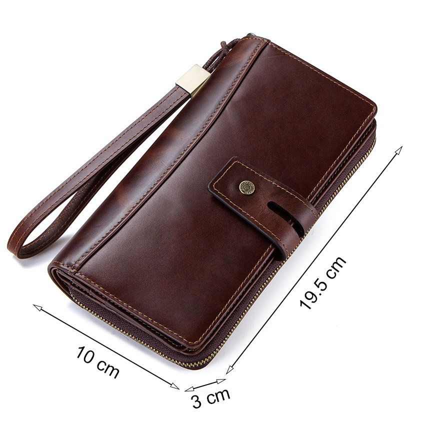 CONTACT'S Crazy Horse Leather Men's Wallet Long Clutch Card Holders For Men Cowhide Purse Wallet With Phone Holder Carteira Male