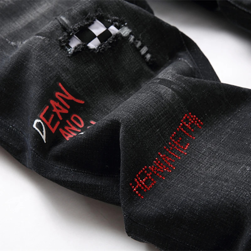 Black digital printed fashionable torn jeans with embroidered letters and rhinestones mid waist casual jeans 240829