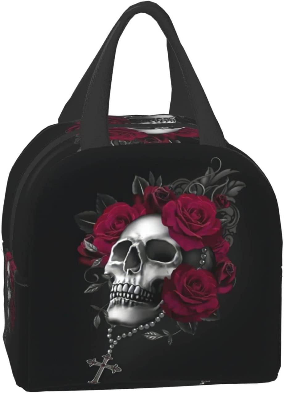Gothic Rose Skull Insulated Lunch Box Reusable Cooler Tote Bag Waterproof Lunch Holder Gift for Women & Men Work Picnic Travel