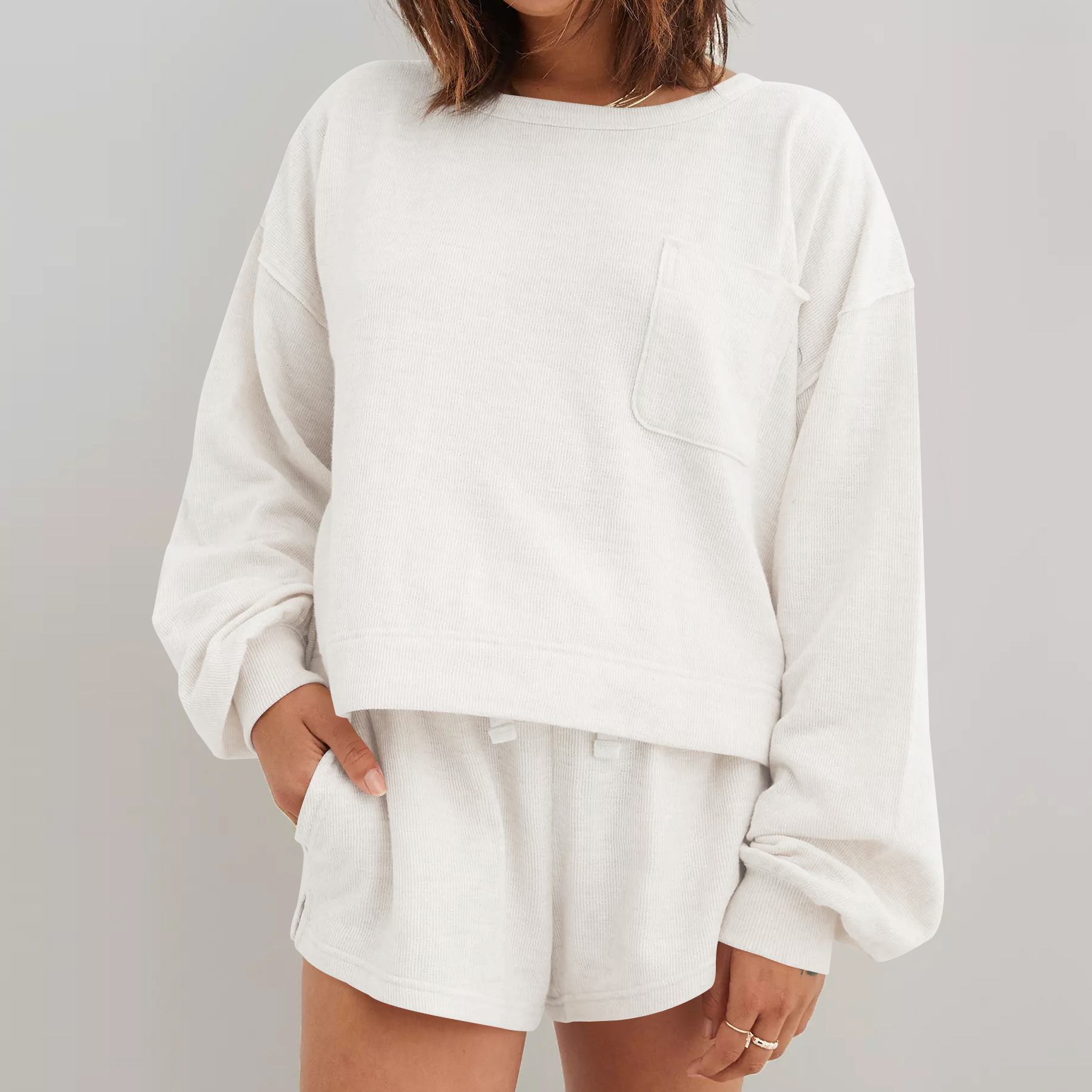 Ribbed round neck top, comfortable casual hoodie, women's long sleeved knitted sweater