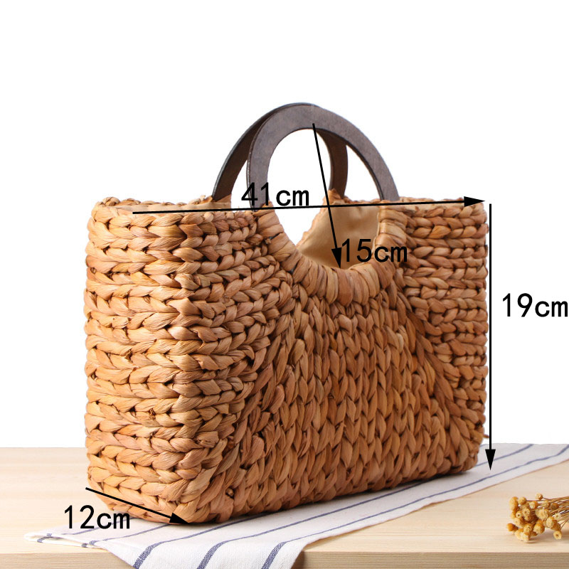Wooden ring Portable Women straw Bag Korean Foreign of Corn Skin RETRO Art Beach Bag Travel Pictures Props Straw Bag Moon Bag