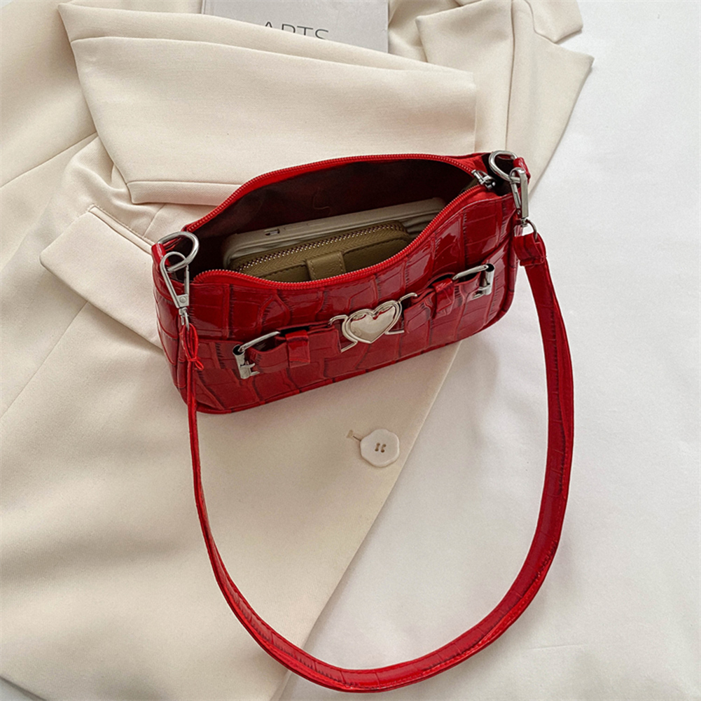 Women Y2K Peach Heart Butt Leather Handbags Girl Alligator Pattern Underarm Handbags Heart Pin Buckle Fashion Girls Shoulder Bag