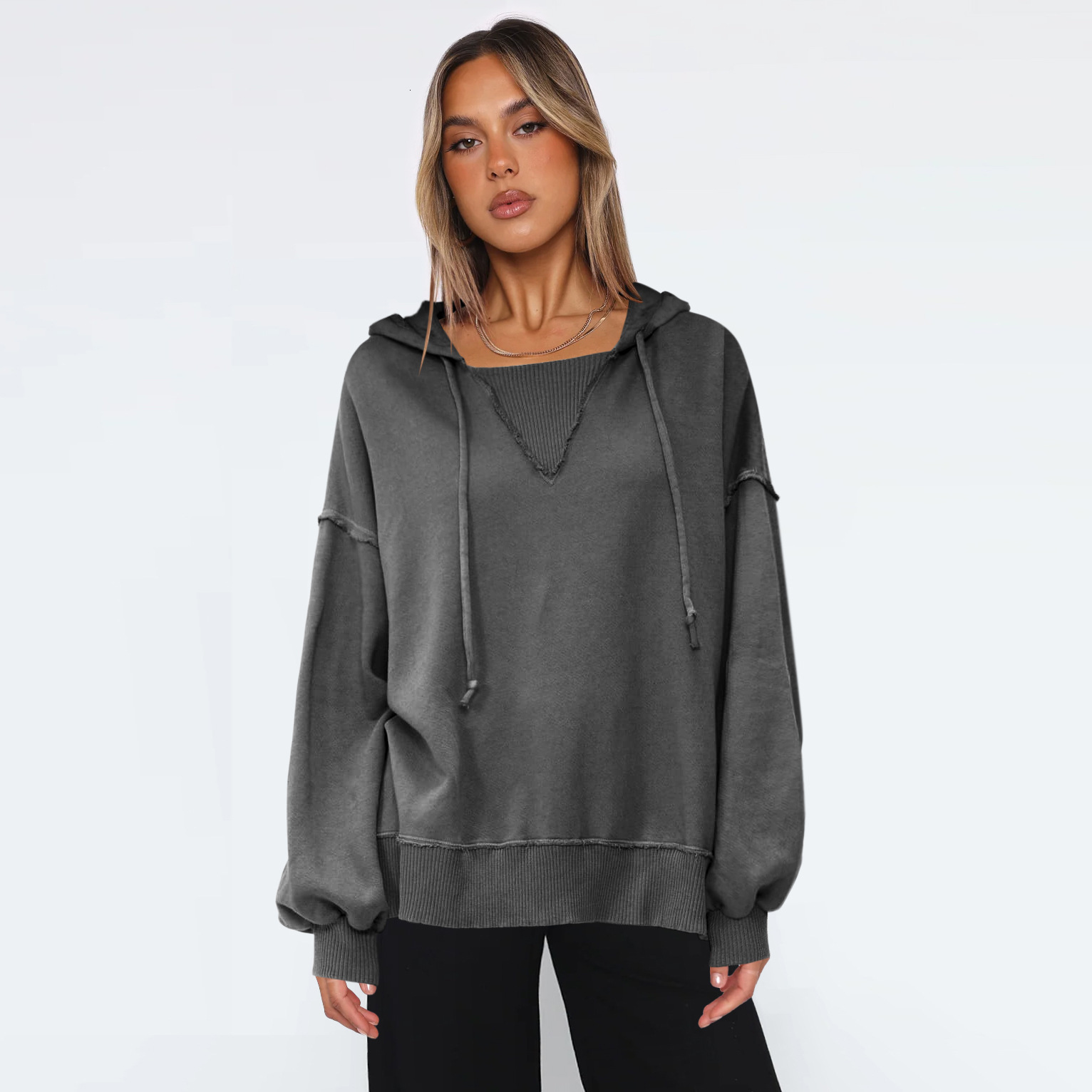 Solid color drawstring hooded sweatshirt with slit fashion trendy brand long sleeved top baseball jersey F8.2#53