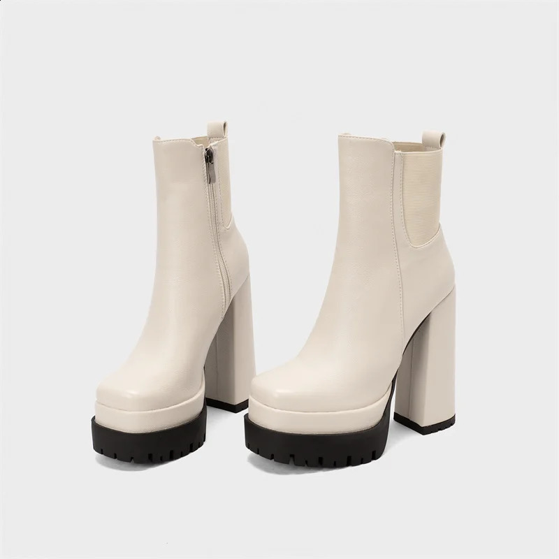 INS Leather Womens Ankle Boots Platform High Heels Black and White Short Boots Winter Gothic Punk Boots Party Shoes Womens Large Size 240731