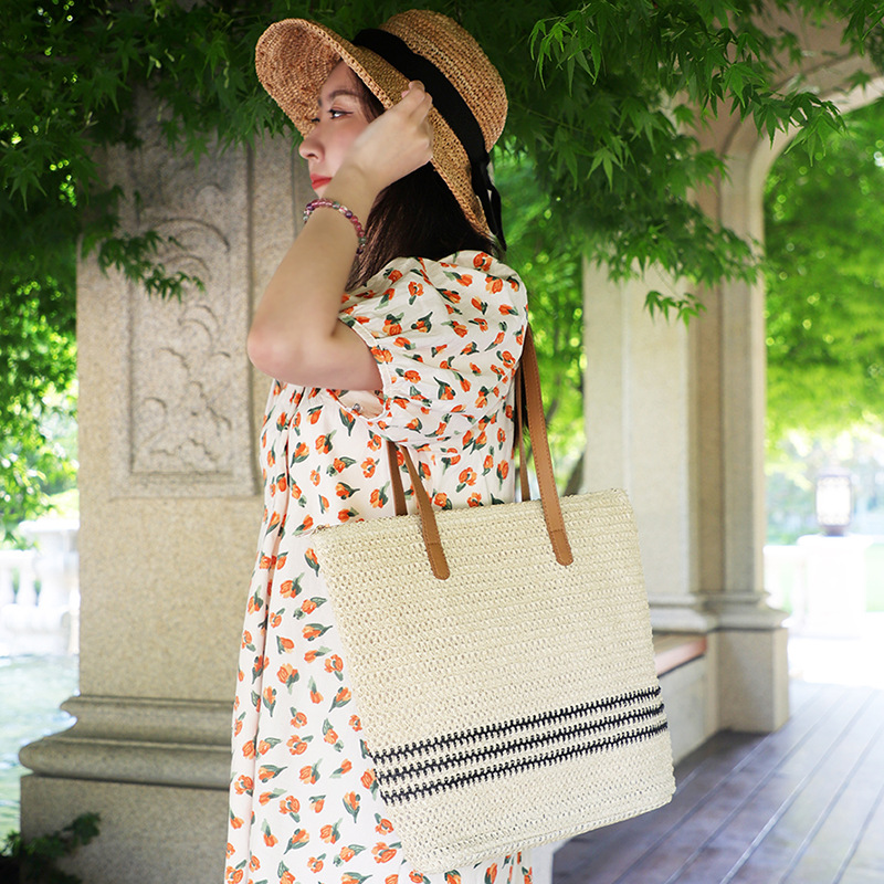 Summer Straw Shoulder Bags for Women Striped Woven Seaside Beach Vacation Shopping Bags Casual Female Shoulder Handbags Totes
