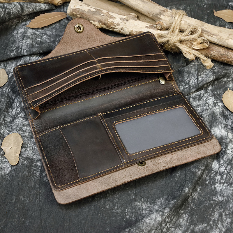 Men's Crazy Horse Leather Long Wallet Brown Real leather Trifold clutch snap purse Hasp purse with Phone pocket and coin pocket
