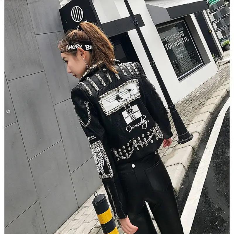 Goth Slim Short Leather Jacket Winter Womens Coats Harajuku Fashion Tops Women Y2k Rivet Jackets Biker Clothes Vintage Outwear 240802