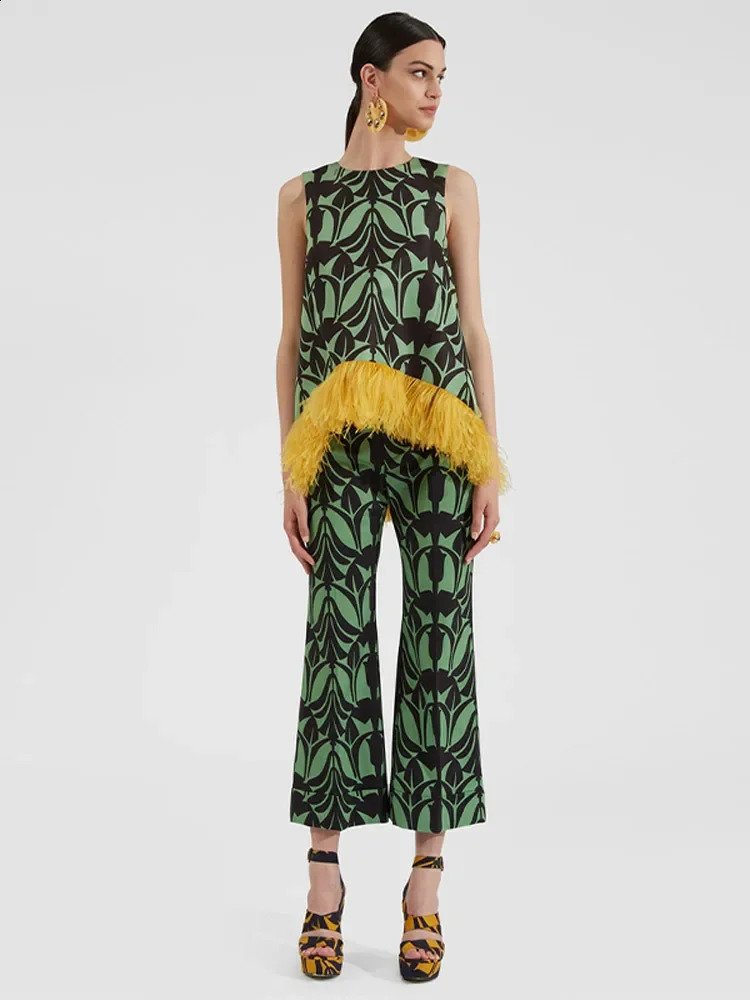 Printed feather splicing fashion twopiece set for womens sleeveless Oneck top high waisted pants casual ethnic tribe 240814