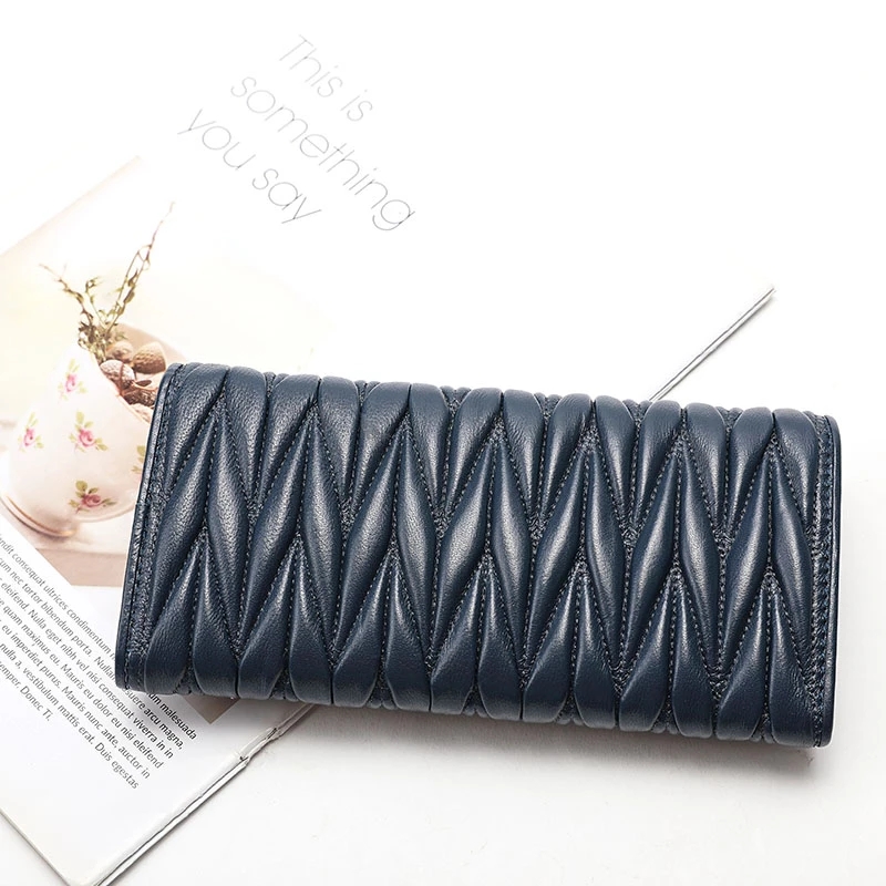 Women Long Pleated Wallet Fashion Hasp Zipper Multifunction Card Holder Sheepskin Genuine Leather Female Coin Purse Clutch Purse