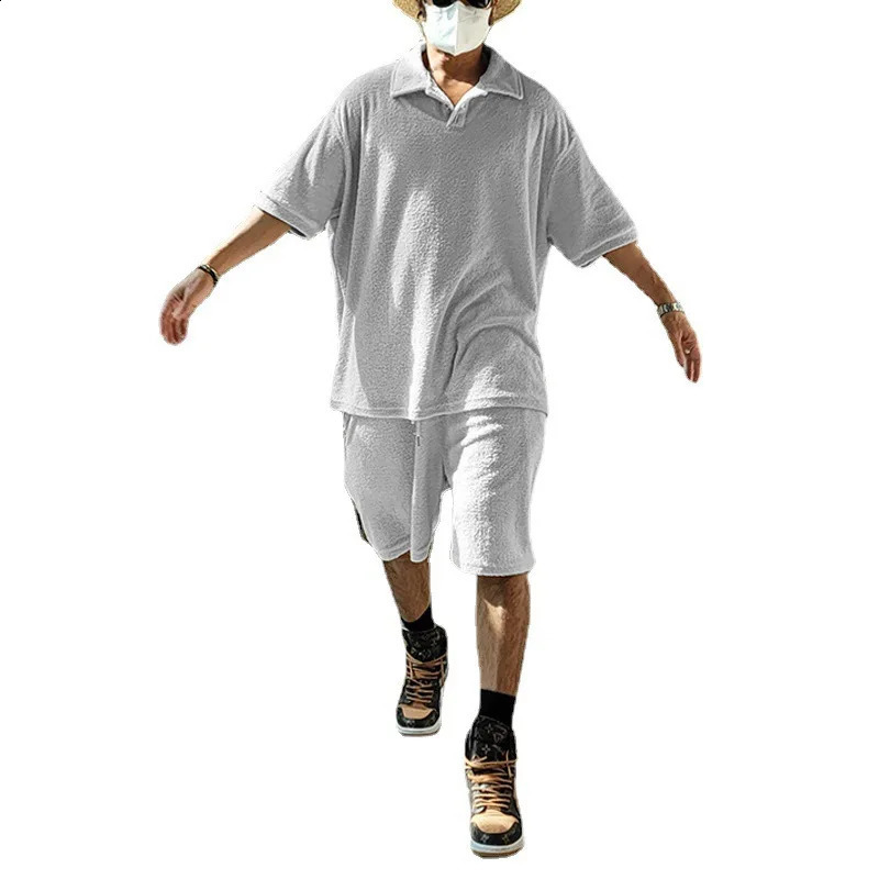 2024 Mens Fashion Trend Versatile Summer Short sleeved T Polo Shirt Shorts Loose Towel Cloth Casual Set Wholesale y240812