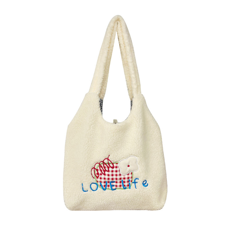 Women Plush Shoulder Bag Embroidery Warm Cloth Handbag Soft Canvas Tote Large Shopping Bag Cute Cartoon Bear Book Bags For Girls
