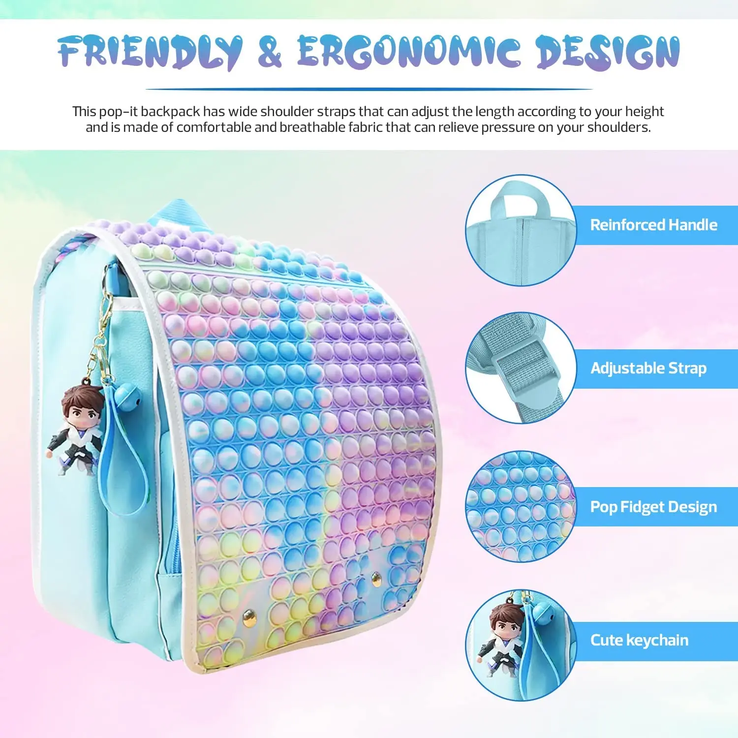 Rainbow Pop School New Fidget Backpack Quality For Kids Teenagers Girls & Boys Adjustable Waterproof Book Bags ADHD Anxiety Relief