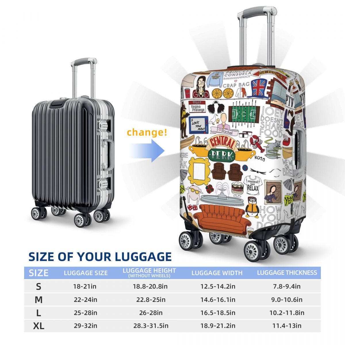 Friends Tv Show Print Suitcase Cover Travel Cruise Trip Holiday Elastic Luggage Case Protection
