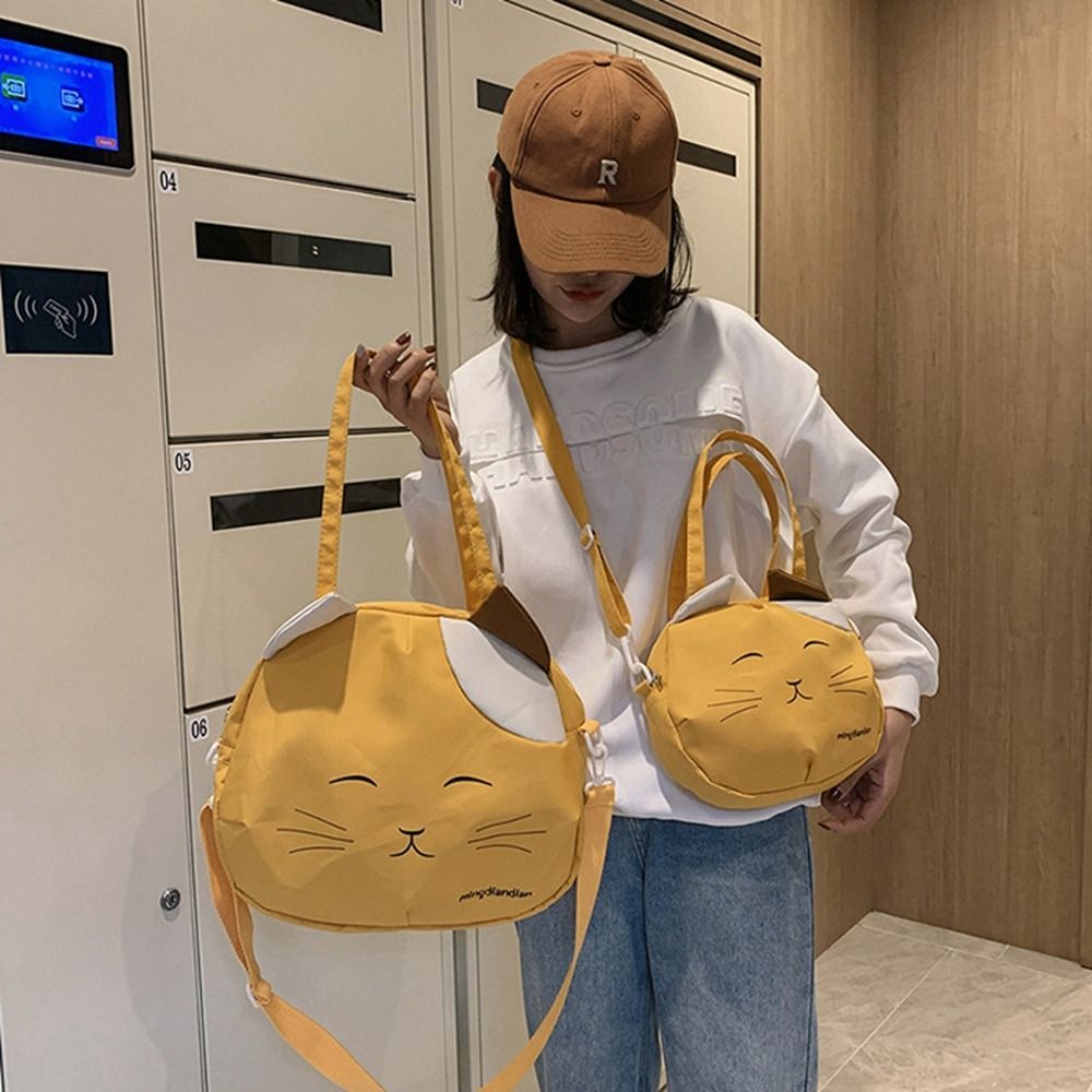 Casual Canvas Nylon Prints Cat Messenger Bag Large Capacity Shoulder Bag Handbag College Style Portable Crossbody Bag Students