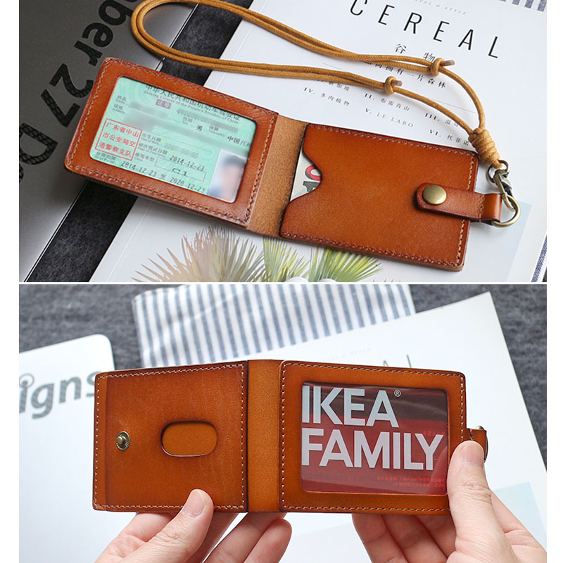 ID Badge Holder For Office Work Genuine Leather Credit Card Bag Retractable Lanyard Neck Strap Reel Id Driving License Purses