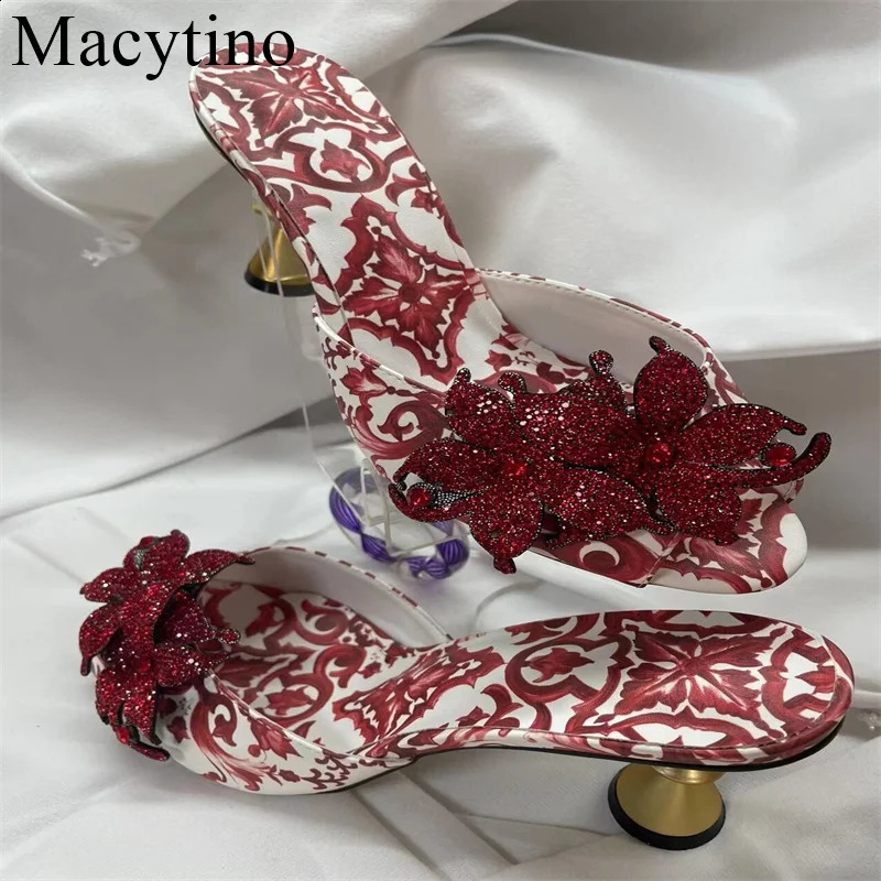 ly arrived bead flower decoration womens slider in 2024 strange high heels womens shoes with open toe girls exterior slider 240731
