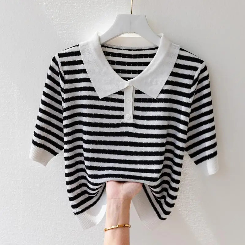 Fashion Women Short Sleeve Striped Knitted Polo Shirts Spring Summer All-match Tees Female Clothing Pullover Bottoming Tops 240801