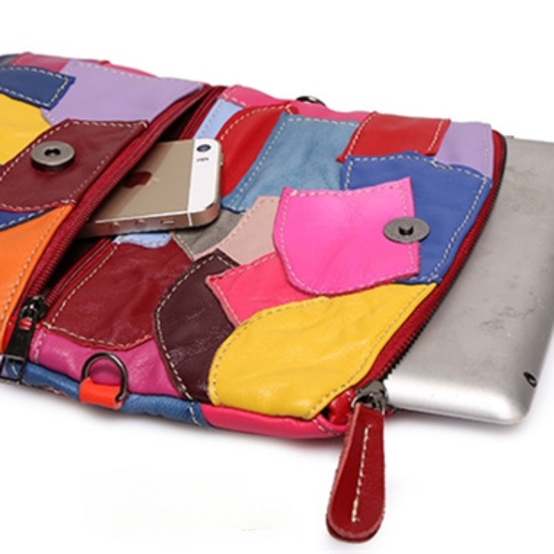 Women's Fashion Mini Soft Genuine Leather Sheepskin Colorful Patchwork Design Crossbody Shoulder Bag with Chain Strap