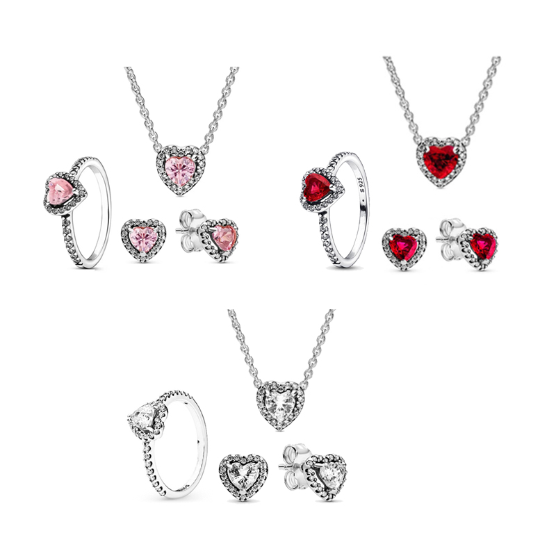925 Silver Love Charm Necklace Ring Earrings Set Jewelry Dark Red Pink Romantic Valentine Day Women's Family Gift Personality