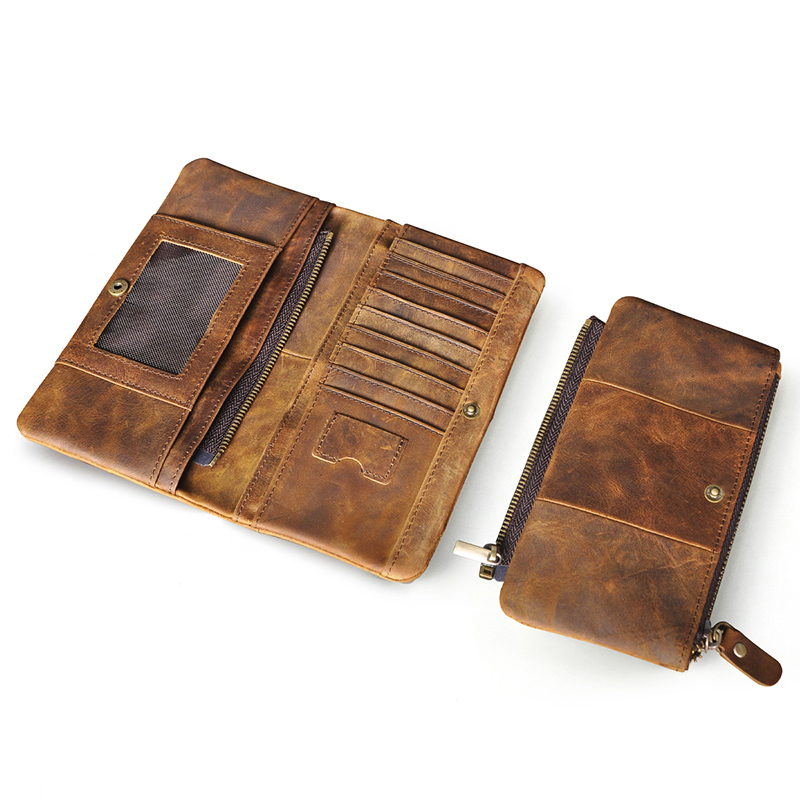 Original Real leather Retro Gift Long Business Card Holder Organizer Travel Chain Snap Wallet Purse For Men Male Design 1029