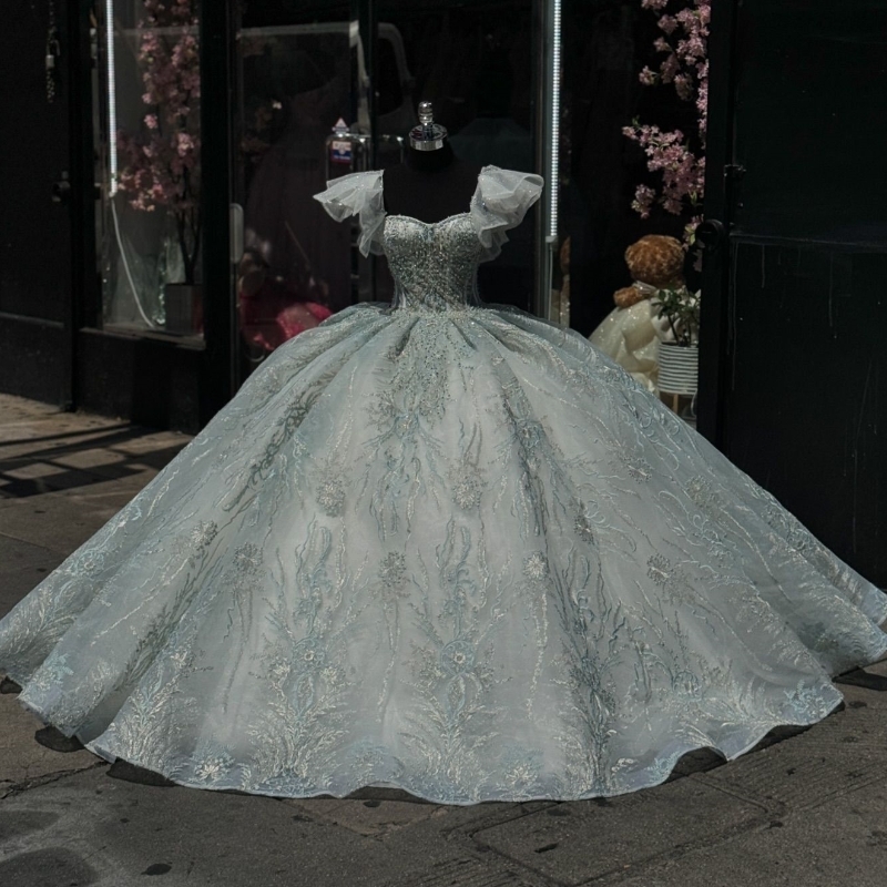 Quinceanera Dress Off The Shoulder Lace Beads Crystal Tull Mexican Vestidos De 15 Princess Sweet 16 Birthday XV Ball Gown