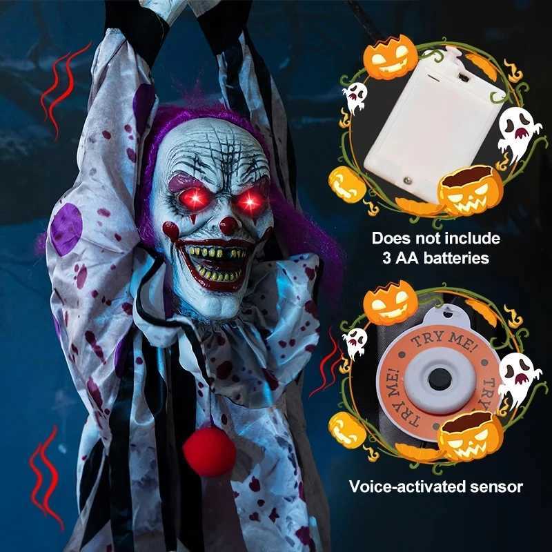 Halloween Animatronic Hanging Decoration Animated Talking Scary Clown with Chain Red Eyes Sound Touch Activated Electric Horror Y240801