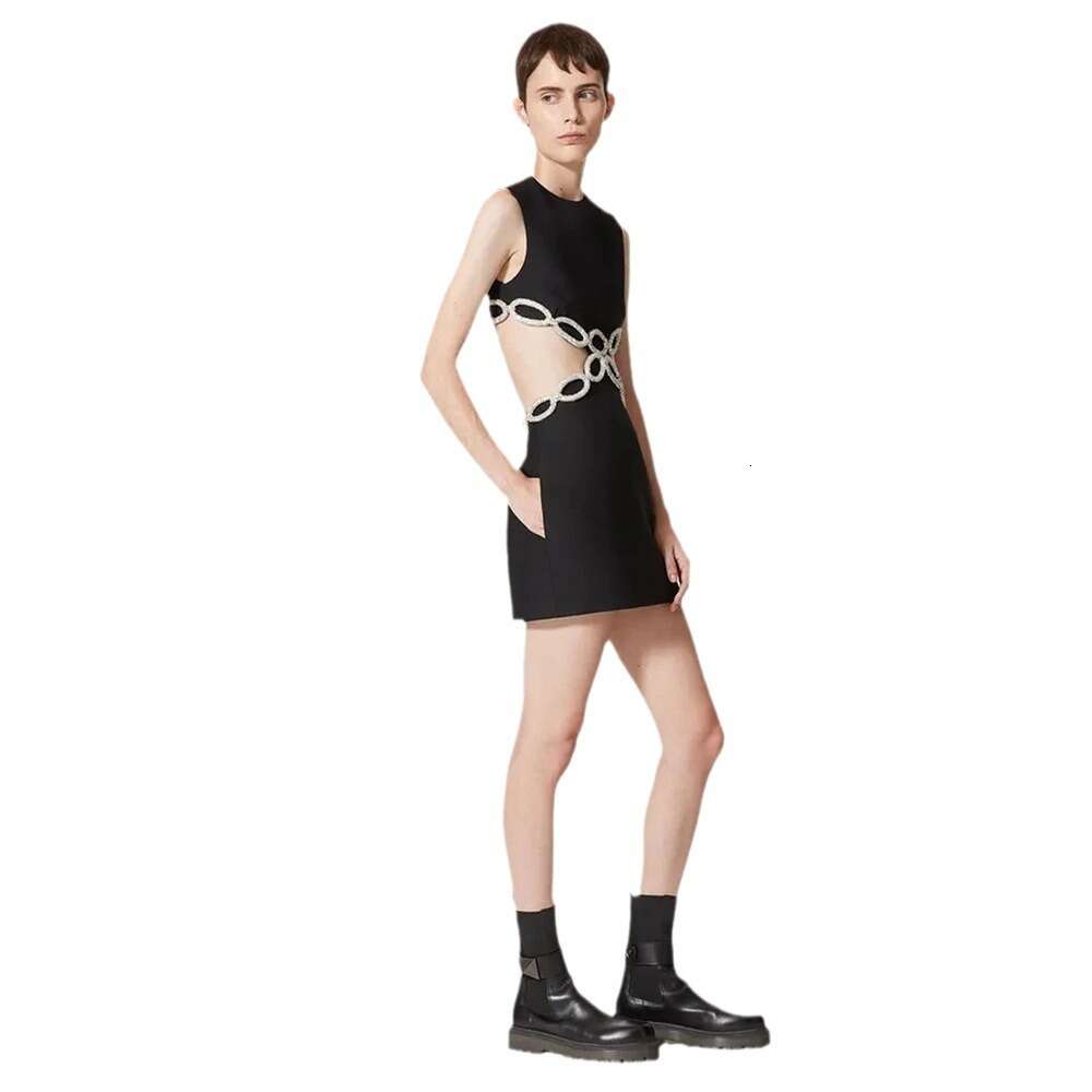 Fashionable round neck backless Fashion hollow out sleeveless hot pressed diamond socialite dress bandage evening dress womens short skirt