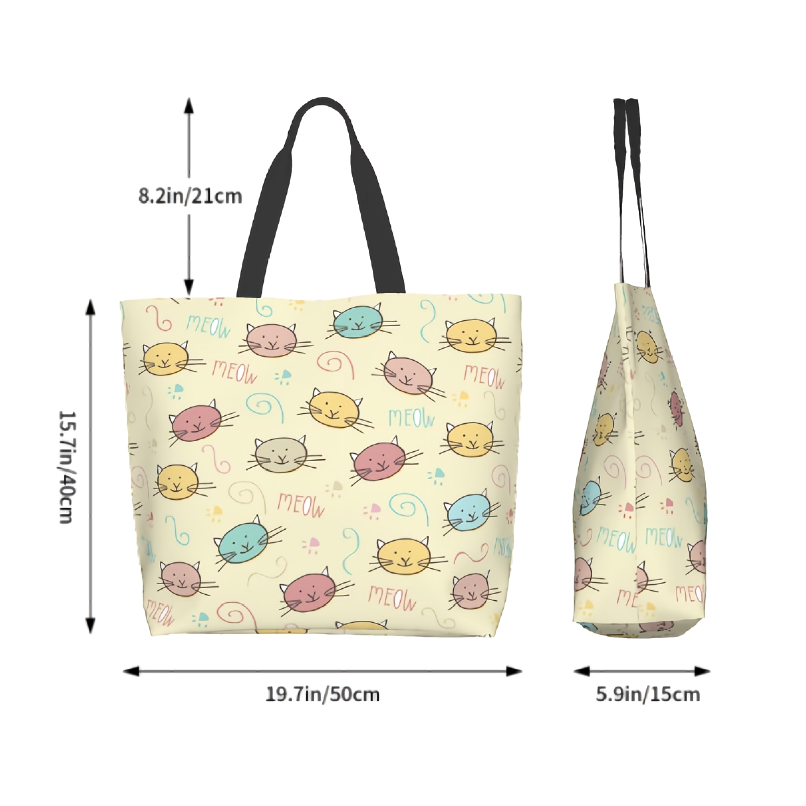Cute Doodle Cats Meow Funny Vintage Cartoon Kitty Pet Print Canvas Tote Bag for Women Weekend Kitchen Reusable Grocery Bag