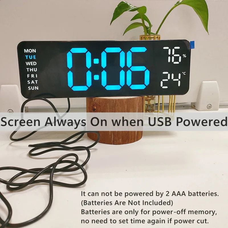 9inch large digital wall clock with USB power supply temperature and humidity automatic dimming DST desktop 1224H electronic LED alarm 240801