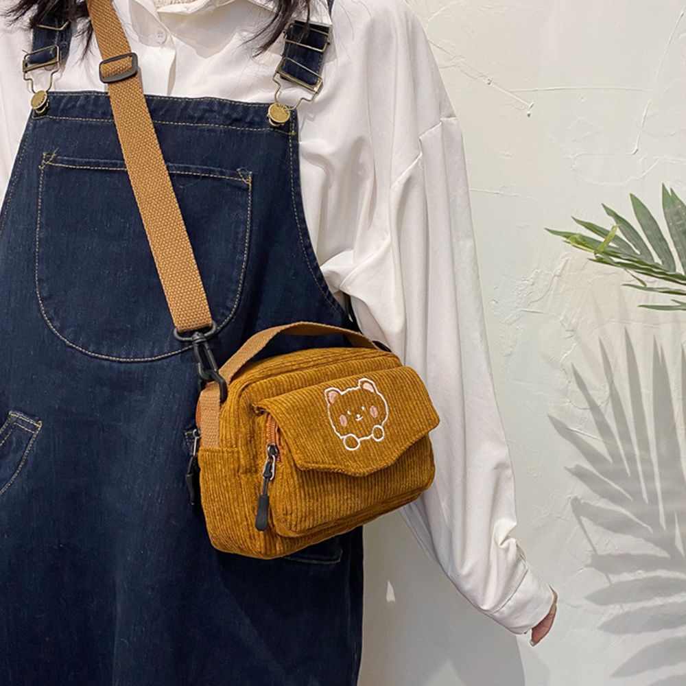 Fashion Women Corduroy Cartoon Bear Print Shoulder Bags Student Tote Messenger Bag Satchel Travel Handbags