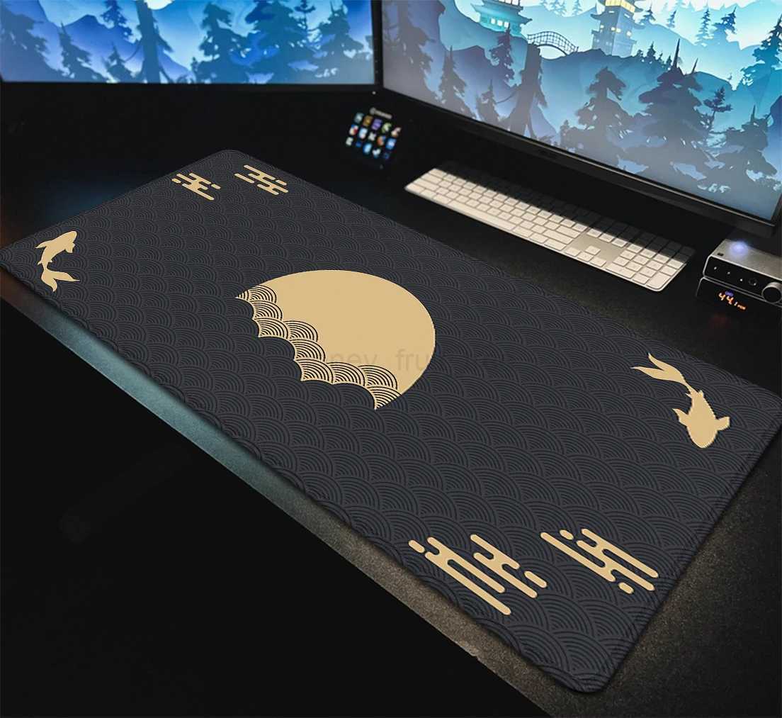 Japanese Desk Mat Black Red Mouse Pad Koi Fish Sun Cloud Japan Art Seal Sunrise Large XXL Gaming Deskmat Rubber Mousepad 90x40M240802
