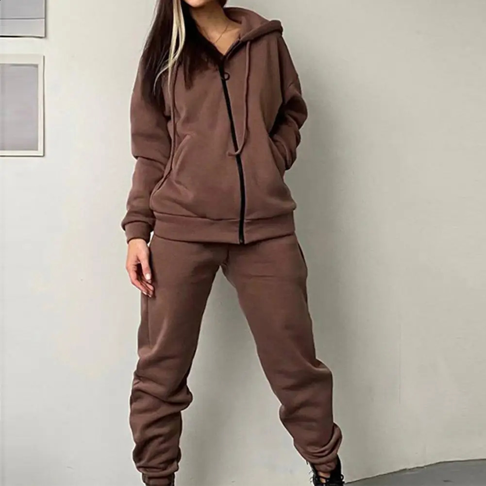 2 piecesset womens outerwear pants set loose hoodie solid color long sleeved cardigan wool sweater warm casual sportswear tight fitting jumpsuit 24082