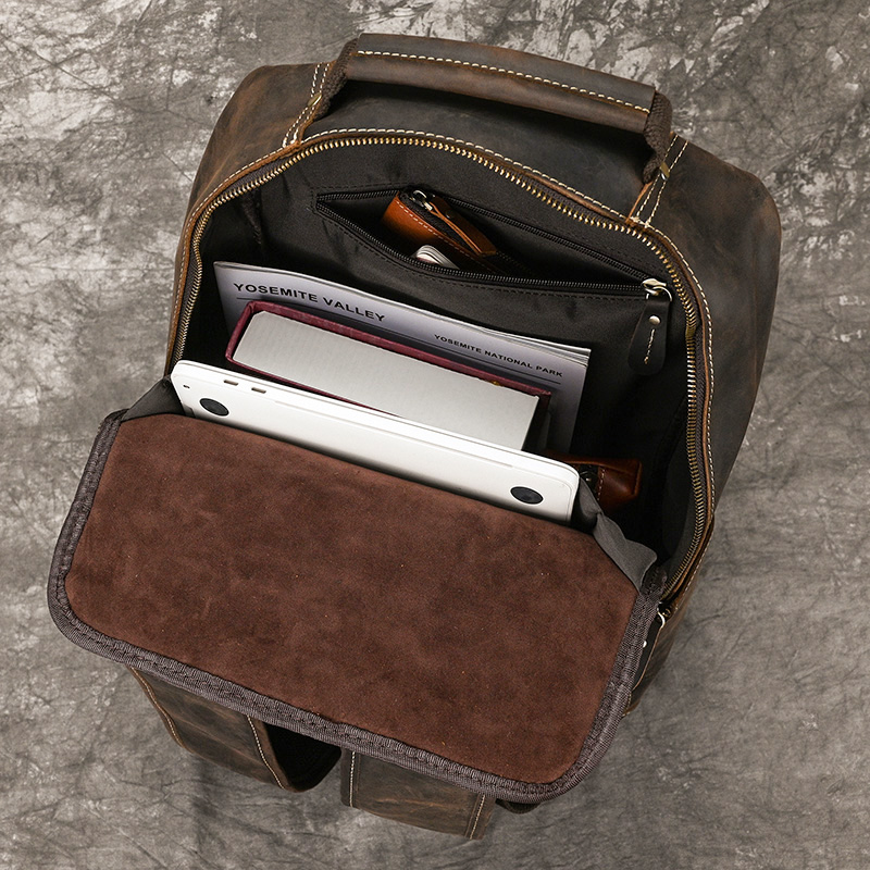 Crazy Horse Leather Backpack For Men - 15.6 Laptop, Cowhide, Large Capacity, Travel Daypack With USB Cable New Free Delivery Designer Bag