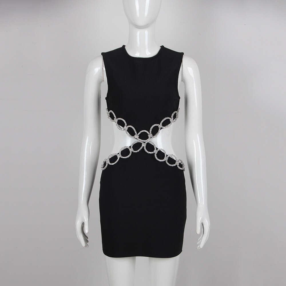 Fashionable round neck backless Fashion hollow out sleeveless hot pressed diamond socialite dress bandage evening dress womens short skirt