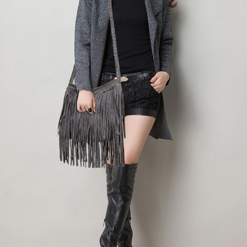 2023 New Women's Fringed Leather Shoulder Bag with Knitting Strap Soft Ethnic Style PU Messenger Bag Solid Color Tassels Handbag