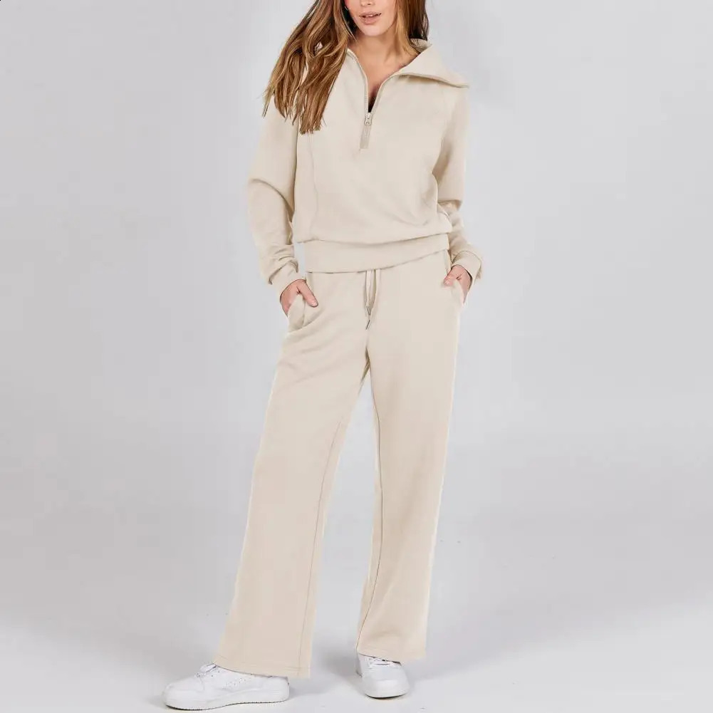 Oversized Sweatshirt Pants Set Women Twopiece Casual Suit Thick Loose Solid Color Tracksuit with Lapel Coat Wide for Fall 240801
