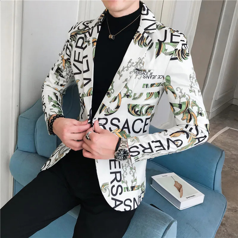 spring and autumn mens personality trend printing slim button suit trendy small suit jacket men 240802