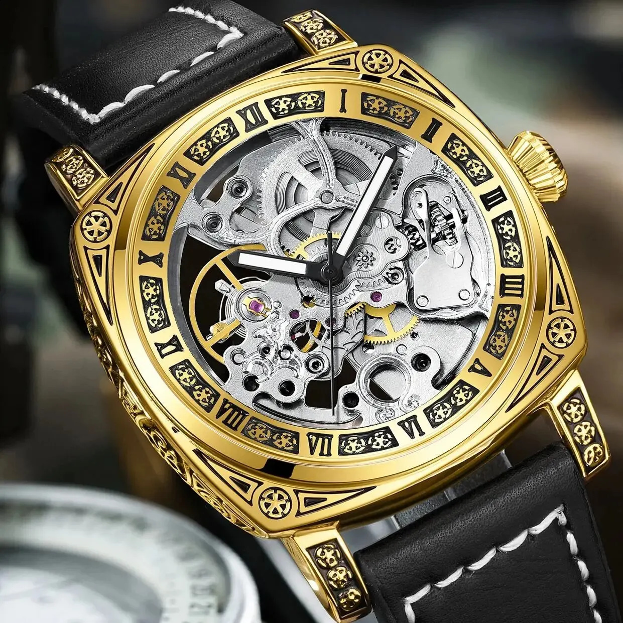 KUERST Automatic Mechanical Roman Steel Nails/waterproof Hollow/three-dimensional Carved Shell Fashion Glow-in-the-dark Watch 240724