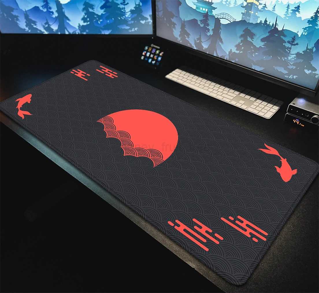 Japanese Desk Mat Black Red Mouse Pad Koi Fish Sun Cloud Japan Art Seal Sunrise Large XXL Gaming Deskmat Rubber Mousepad 90x40M240802