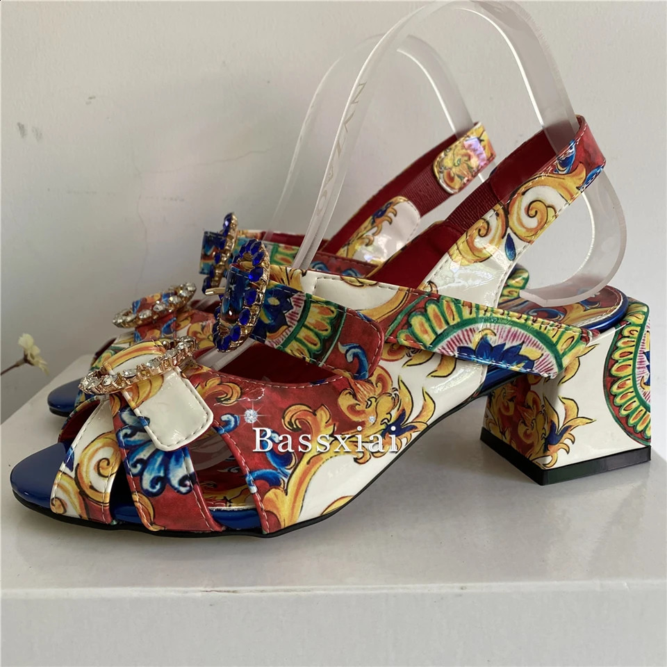 Exotic printed flower patent leather sandals for women thick high heels open toe crystal rhinestone buckle summer shoes 240731