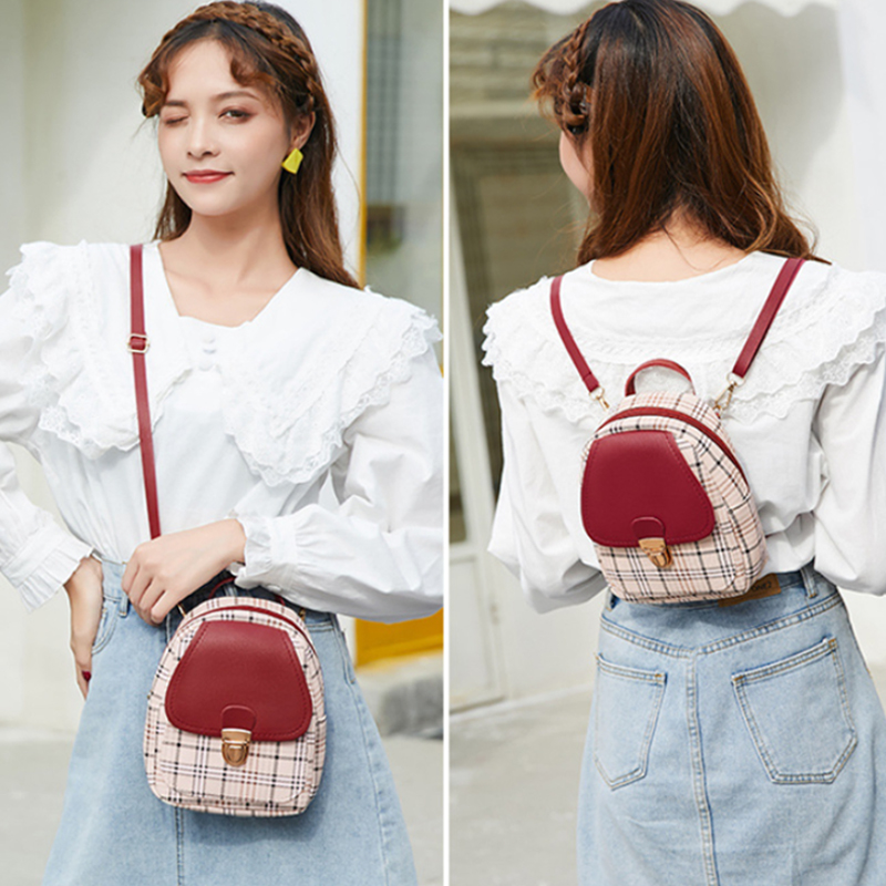 Checkered Shoulder Bag for Women's Korean Version Color Matching Mini Backpack with Fashionable Buckle Crossbody Bag