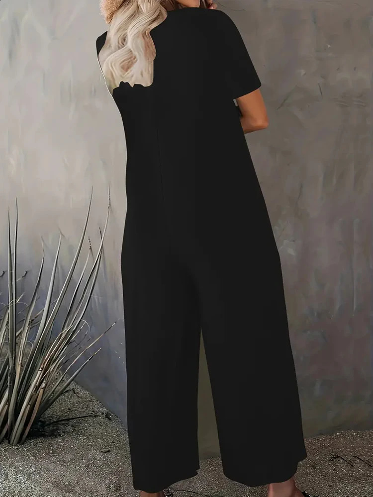 Summer Chic Solid Color Casual Jumpsuit Crew Neck Short Sleeve Wide Leg Long Pant with Pockets Versatile Outfit Womens Clothing 240802