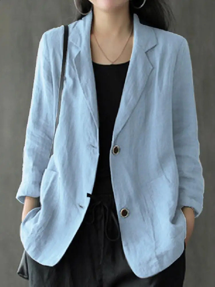 ZANZEA Autumn Fashion Work Blazer Lapel Neck Long Sleeve Suits Women Casual Solid Cotton Elegant Thin Cardigan Coats 240801