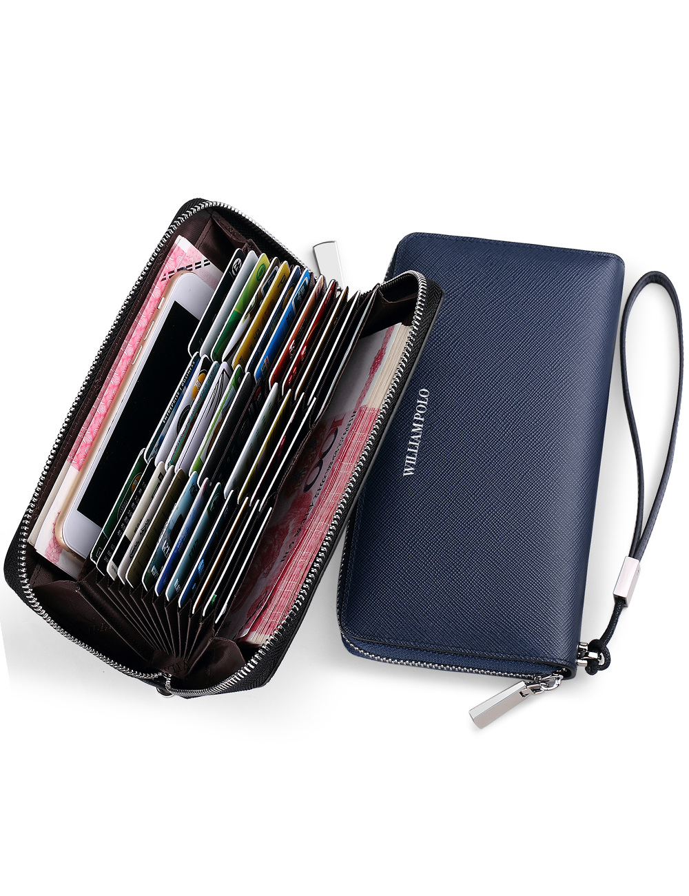 Williampolo Wallet Genuine Leather Men Wallets Famous Brand Long Accordion Card Slots Holder Pocket Purse Black Blue