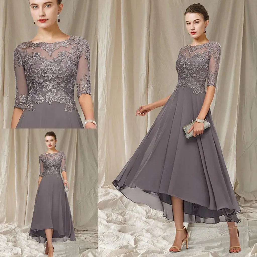 Simple Chiffon Tea-Length Silver Prom Dress Illustion Scoop Long Sleeve Beading Applique Lace Evening Gown Sexy Backless A-Line Prom Dress