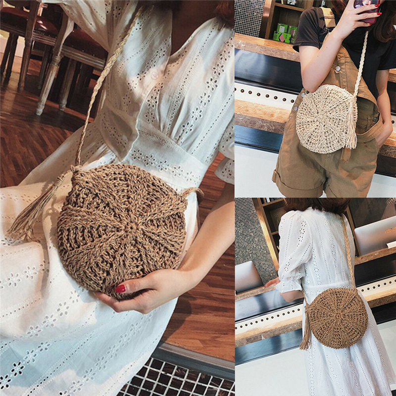 Casual Ladies Shoulder Bag New Street Round Rattan Wicker Woven Zipper Summer Beach Fashion Women Handbag