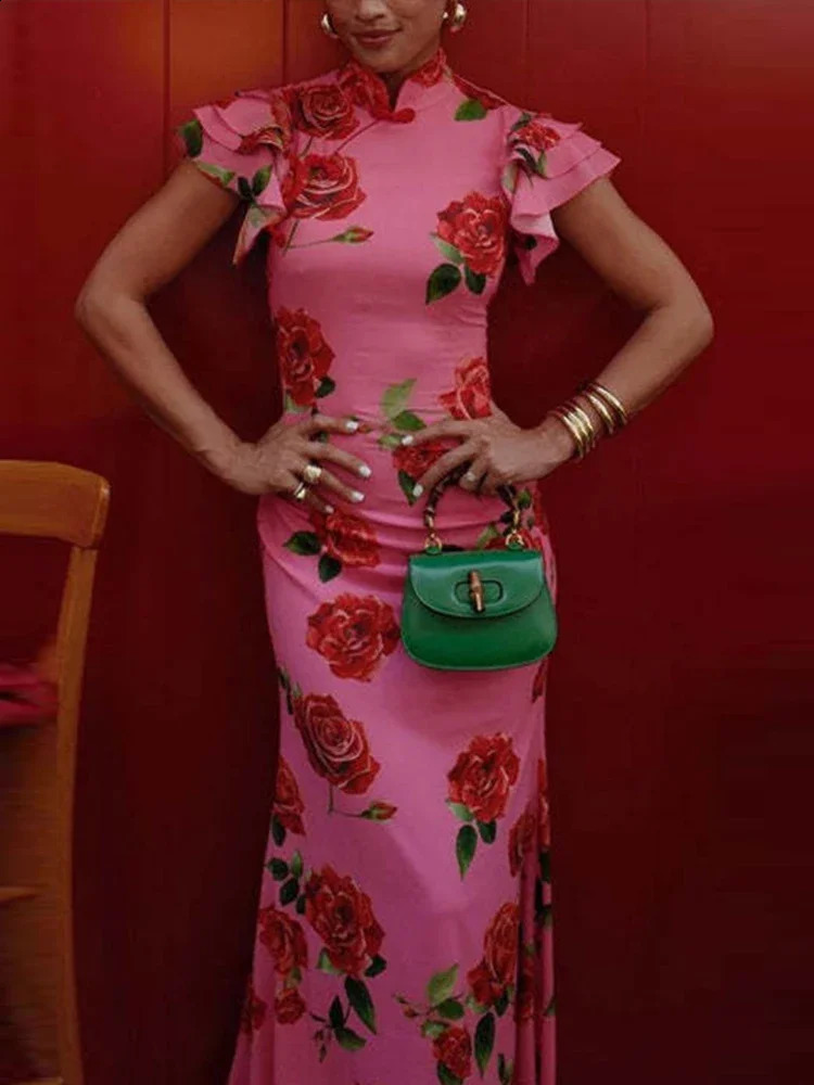 Elegant Print Party Dress Women Sexy Slim Hip Package Maxi Female Dresses Fashion Short Petal Sleeve Rose Lady Evening Robe 240801