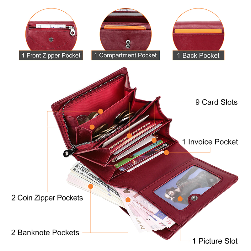 CONTACT'S Genuine Leather Women Wallets Luxury Designer Short Bifold Fashion Women's Purses Card Holders Coin Purses Female Bags